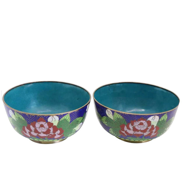 Pair of Small Chinese Cloisonne Enamel and Copper Blue Floral Bowls