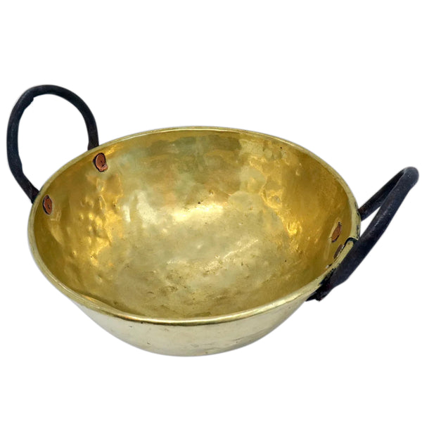 Primitive Hammered Brass and Forged Iron Handle Maslin Pan