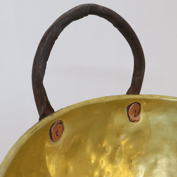 Primitive Hammered Brass and Forged Iron Handle Maslin Pan