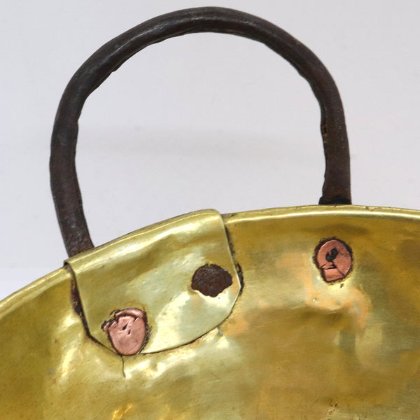 Primitive Hammered Brass and Forged Iron Handle Maslin Pan