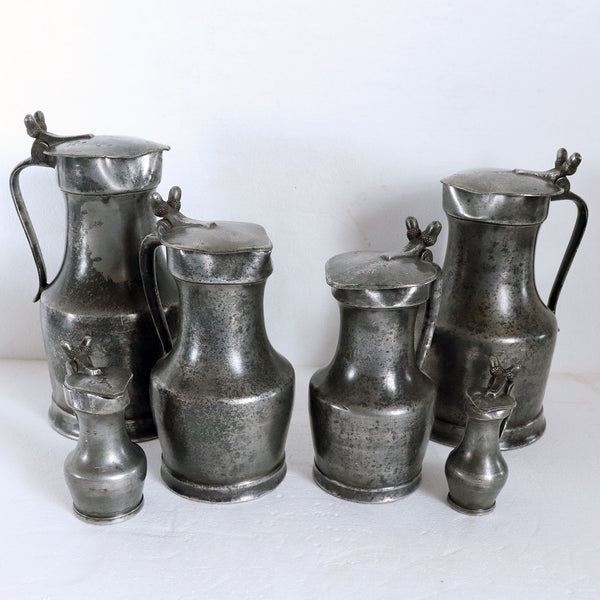 Vintage Set of Six French Pewter Graduated Flagon Wine Jugs