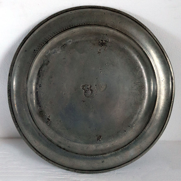 Large Continental Pewter Incised Reeded Edge Plate