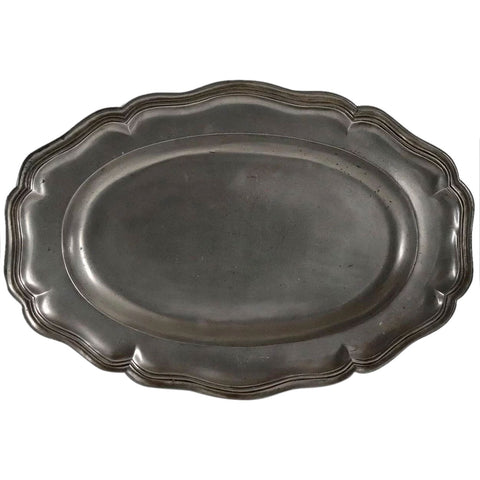 Large Vintage Continental Pewter Oval Wavy Edge Multi-Reed Platter