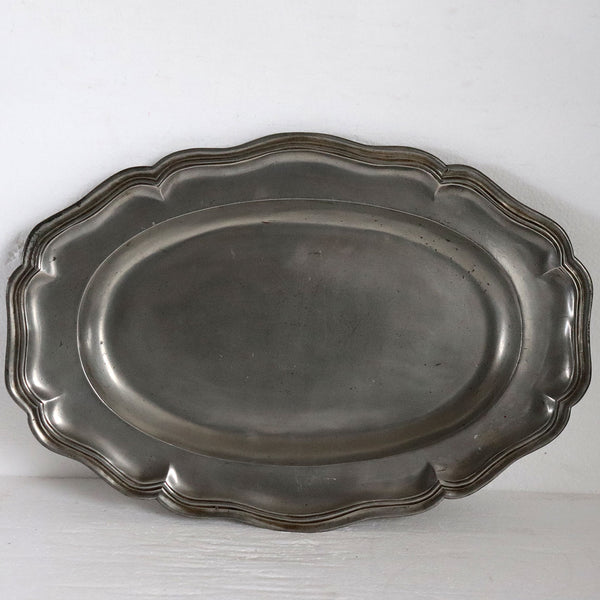 Large Vintage Continental Pewter Oval Wavy Edge Multi-Reed Platter