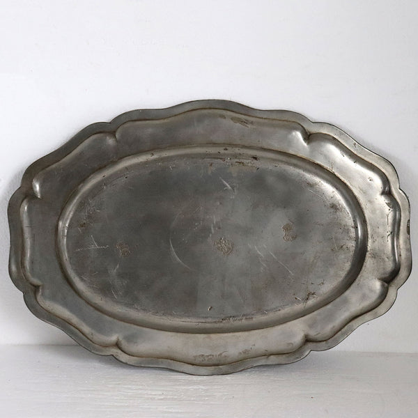 Large Vintage Continental Pewter Oval Wavy Edge Multi-Reed Platter