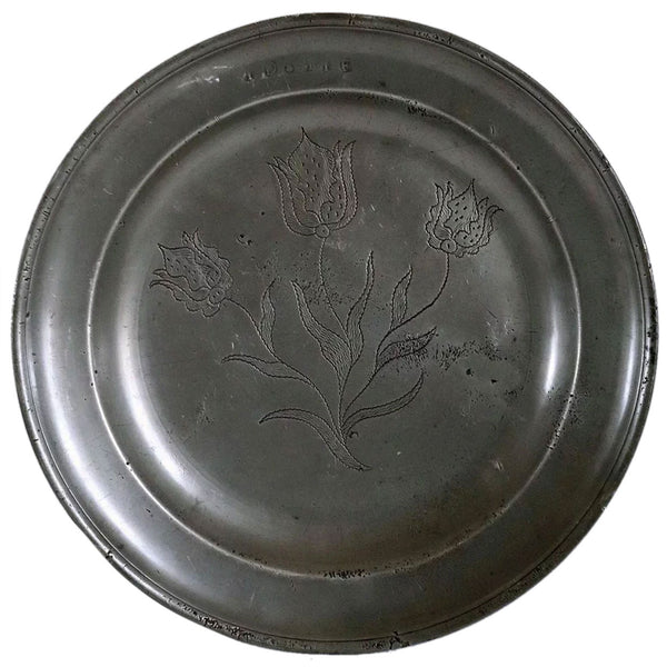 Large European Pewter Wrigglework Reeded Rim Floral Plate