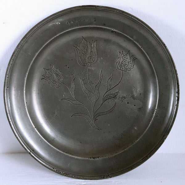 Large European Pewter Wrigglework Reeded Rim Floral Plate