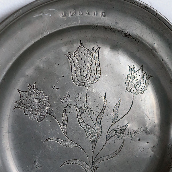 Large European Pewter Wrigglework Reeded Rim Floral Plate