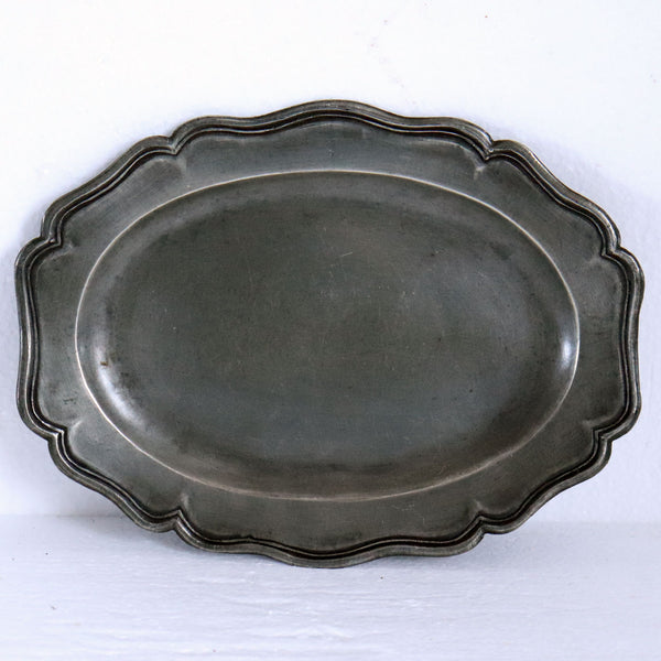 Small Vintage Continental Pewter Oval Wavy Reeded Edge Platter