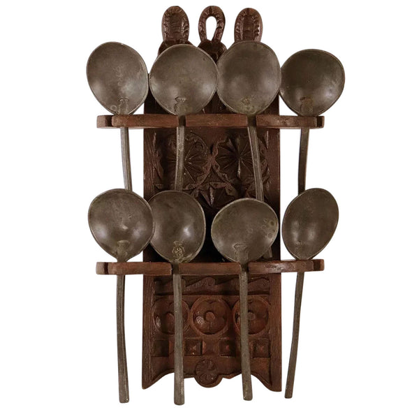 Dutch Frisian Chip Carved Oak Spoon Rack and 8 Pewter Spoons