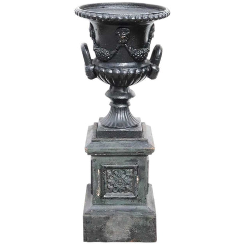 Vintage Neoclassical Painted Cast Iron Garden Urn on Pedestal