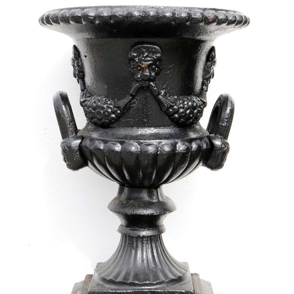 Vintage Neoclassical Painted Cast Iron Garden Urn on Pedestal