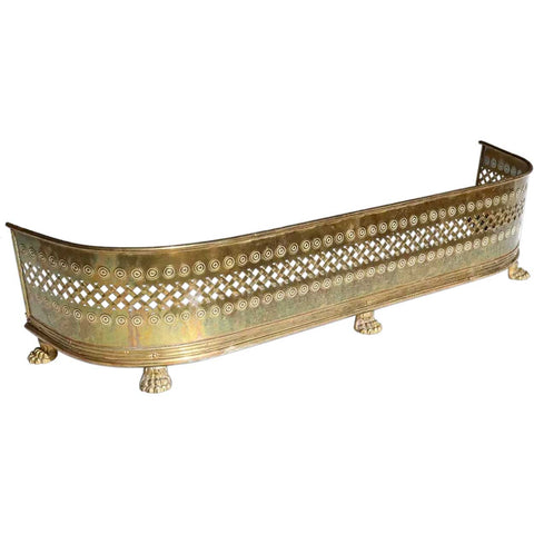 English Georgian Style Brass Fretted Lion Paw Feet Fireplace Fender