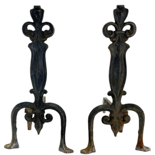 Pair of American Cahill Iron Works Cast Iron Fireplace Andirons