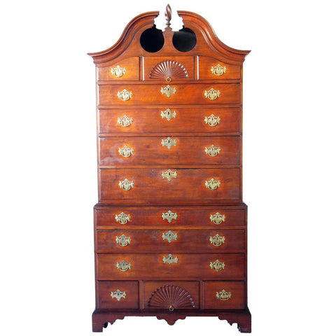 American New England Chippendale Walnut Bonnet Top Chest on Chest