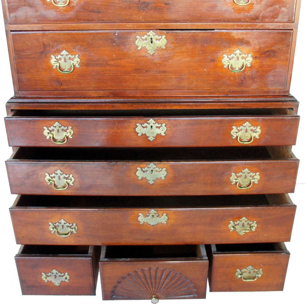 American New England Chippendale Walnut Bonnet Top Chest on Chest