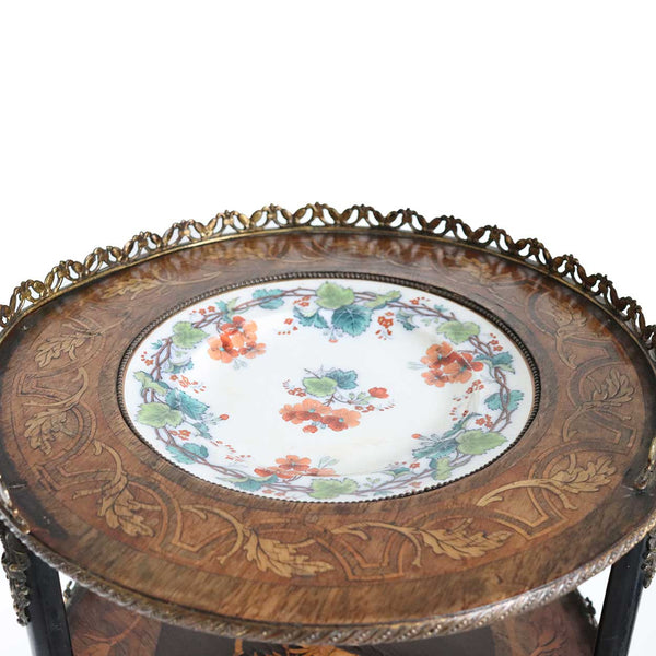 English Urquhart & Adamson Marquetry What-Not Side Table with Pottery Plate