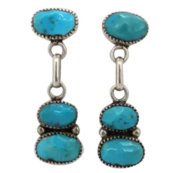 Pair Native American Diane & Rod Lonjose Zuni Silver and Turquoise Nugget Drop Earrings