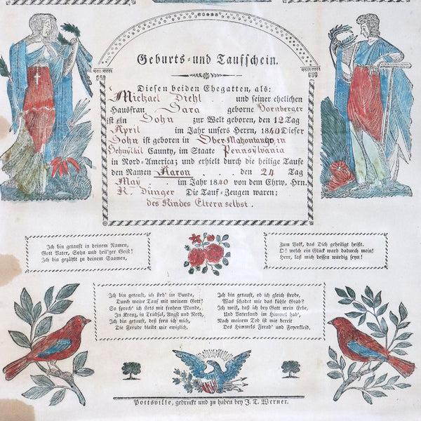 American Pennsylvania German Fraktur Colored and Ink Birth and Baptism Certificate