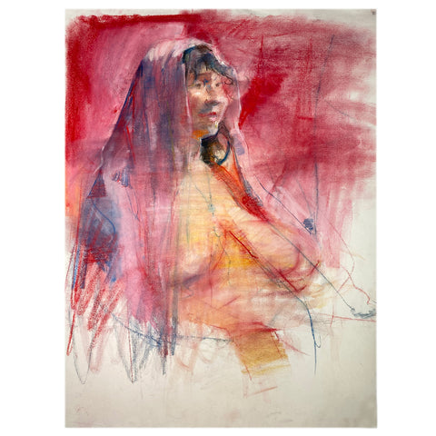 MIKAEL OLSON Pastel on Paper Double-Sided Drawing, Red Scarf