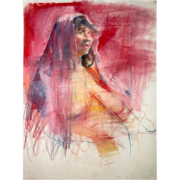 MIKAEL OLSON Pastel on Paper Double-Sided Drawing, Red Scarf