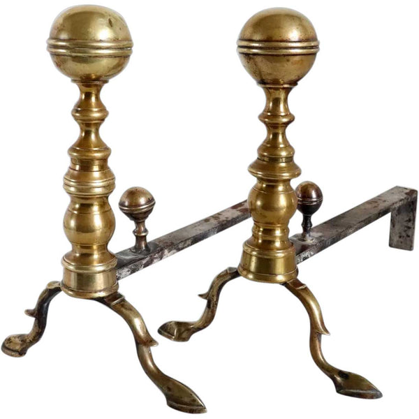 Pair of American Federal Brass Belted Ball-Top Fireplace Andirons