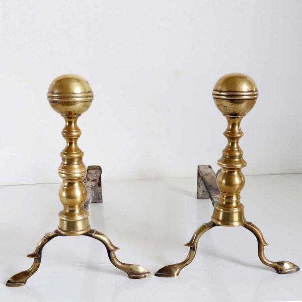 Pair of American Federal Brass Belted Ball-Top Fireplace Andirons