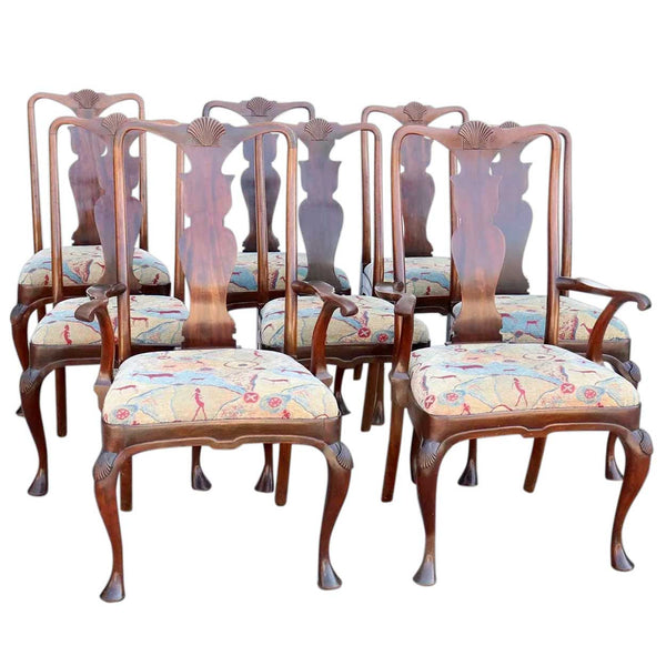 Set of Eight English Queen Anne Style Mahogany Upholstered Seat Dining Chairs