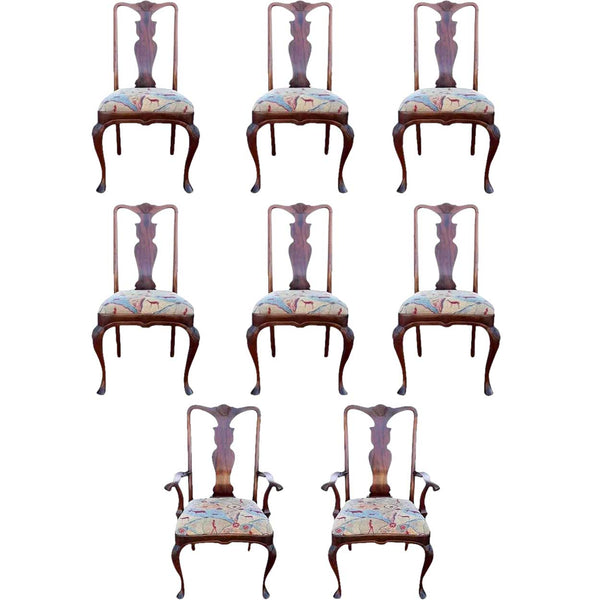 Set of Eight English Queen Anne Style Mahogany Upholstered Seat Dining Chairs