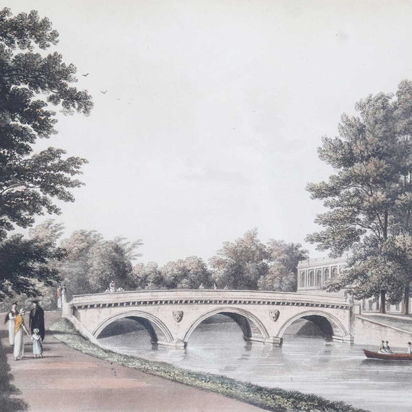 Pair English WILLIAM WESTALL Colored Aquatints, Trinity and Queen's College, Cambridge