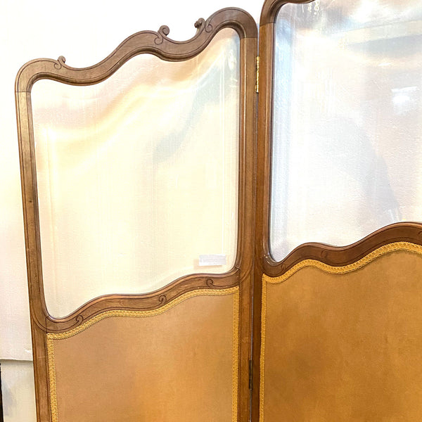 French Walnut, Damask Silk and Beveled Glass Three-Panel Screen