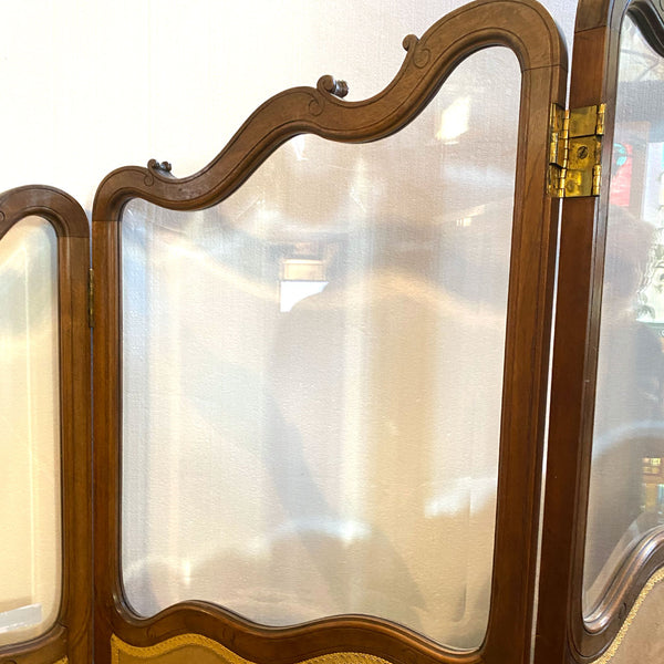 French Walnut, Damask Silk and Beveled Glass Three-Panel Screen