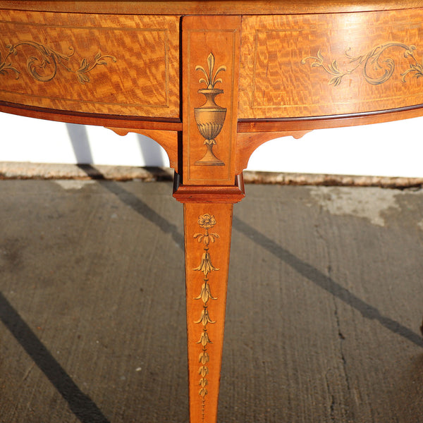 English George III Style Marquetry, Penwork Satinwood Demi-lune Card Table