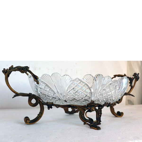 Large French Baccarat Cut Crystal and Ormolu Bronze Oval Centerpiece