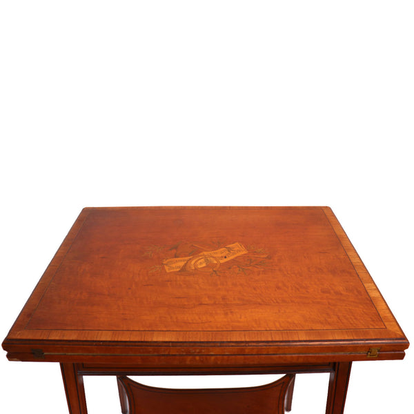 Signed English Edwardian Satinwood Marquetry Fold-Over Swivel Card Table