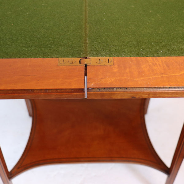 Signed English Edwardian Satinwood Marquetry Fold-Over Swivel Card Table
