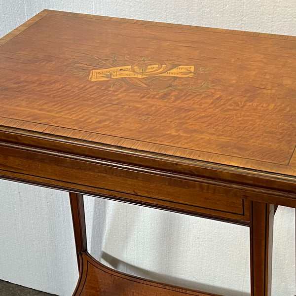 Signed English Edwardian Satinwood Marquetry Fold-Over Swivel Card Table