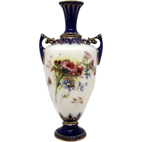 Small English Royal Worcester Painted Porcelain Floral Two-Handle Urn