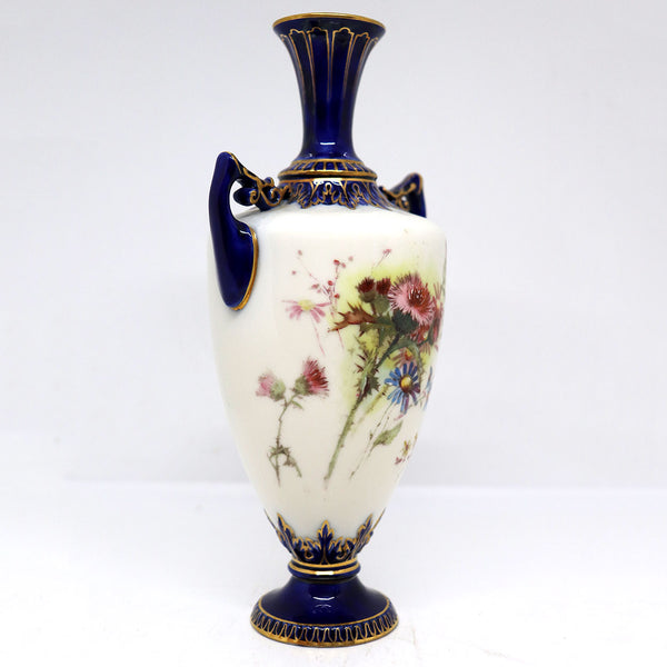 Small English Royal Worcester Painted Porcelain Floral Two-Handle Urn