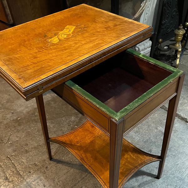 Signed English Edwardian Satinwood Marquetry Fold-Over Swivel Card Table