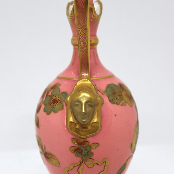 Small English Royal Crown Derby Porcelain Pink and Gilt Ewer