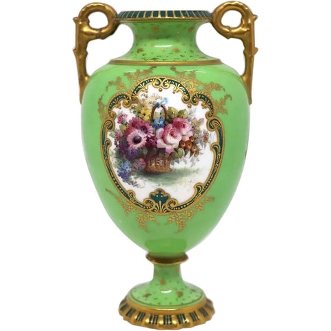 Small English Royal Crown Derby Green and Gilt Porcelain Two-Handle Urn