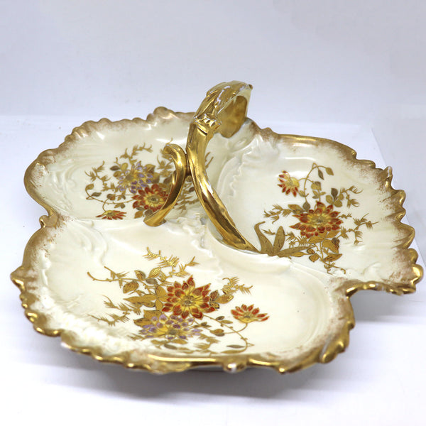 Large French J. C. Limoges Gilt Porcelain Divided Serving Dish / Basket