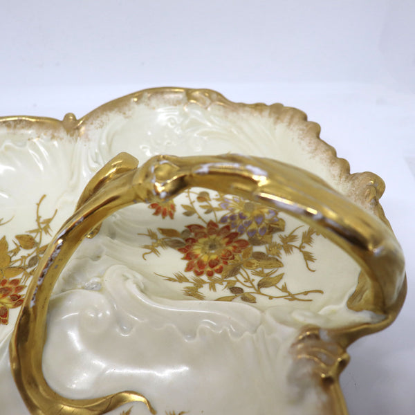 Large French J. C. Limoges Gilt Porcelain Divided Serving Dish / Basket