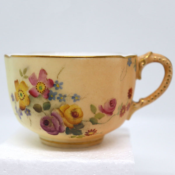 English Royal Worcester Gilt Porcelain Blush Ivory Floral Cup and Saucer