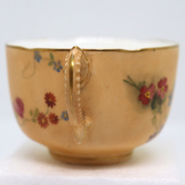 English Royal Worcester Gilt Porcelain Blush Ivory Floral Cup and Saucer