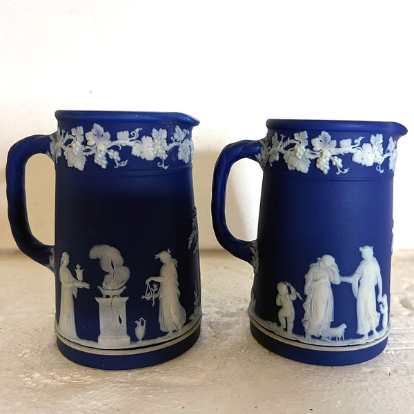 Set of Two English Wedgwood Dark Blue Jasperware Ceramic Trojan Cream Jugs