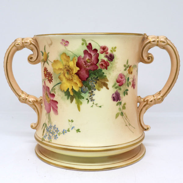 Large English Royal Worcester Porcelain Blush Ivory Two-Handle Loving Cup