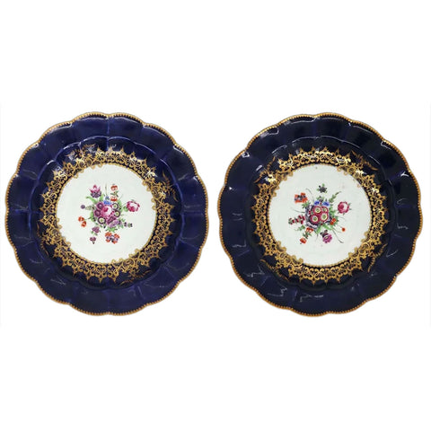 Near Pair of English First Period Dr. Wall Worcester Porcelain Wet Blue Floral Plates