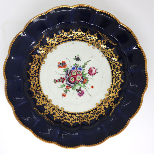 Near Pair of English First Period Dr. Wall Worcester Porcelain Wet Blue Floral Plates